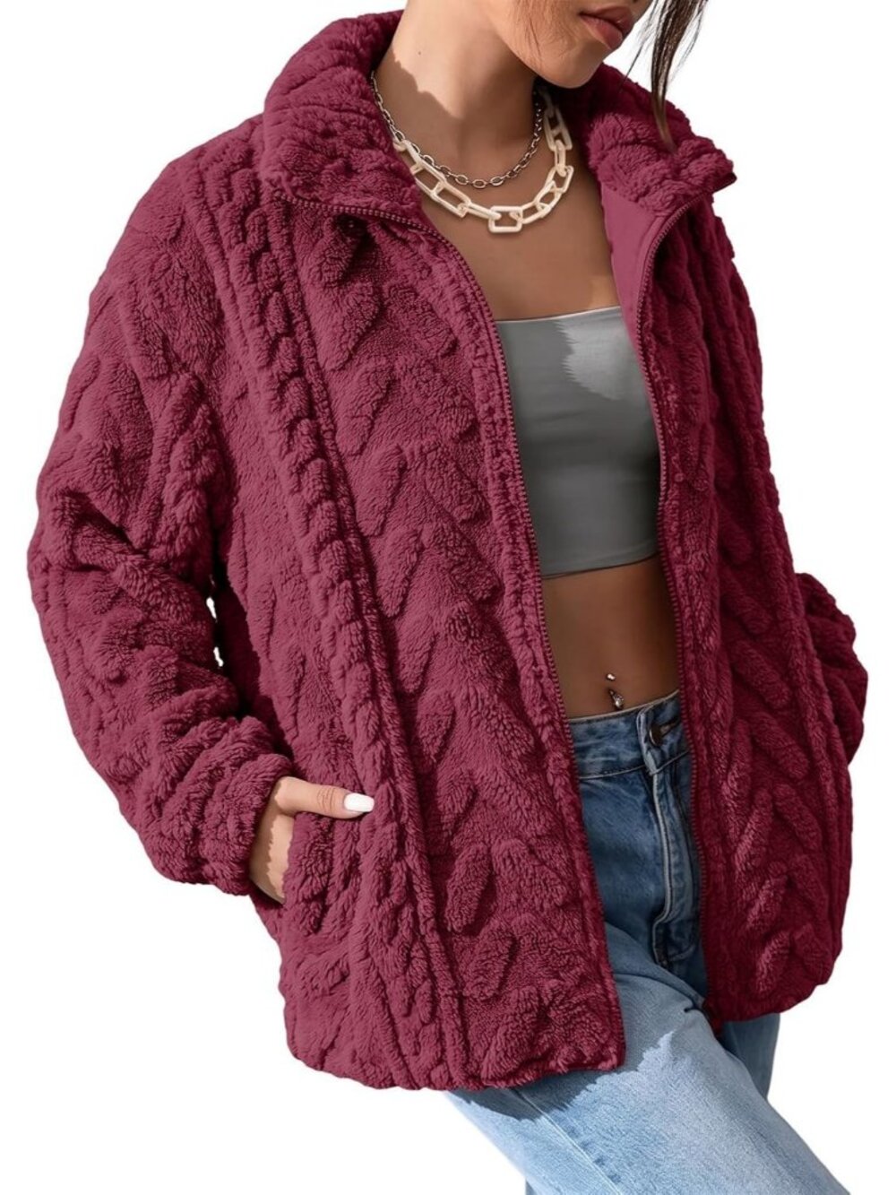 Women's Red Sherpa Fabric Cute Style Coat Loose Fit Zipper Front Fleece Jacket